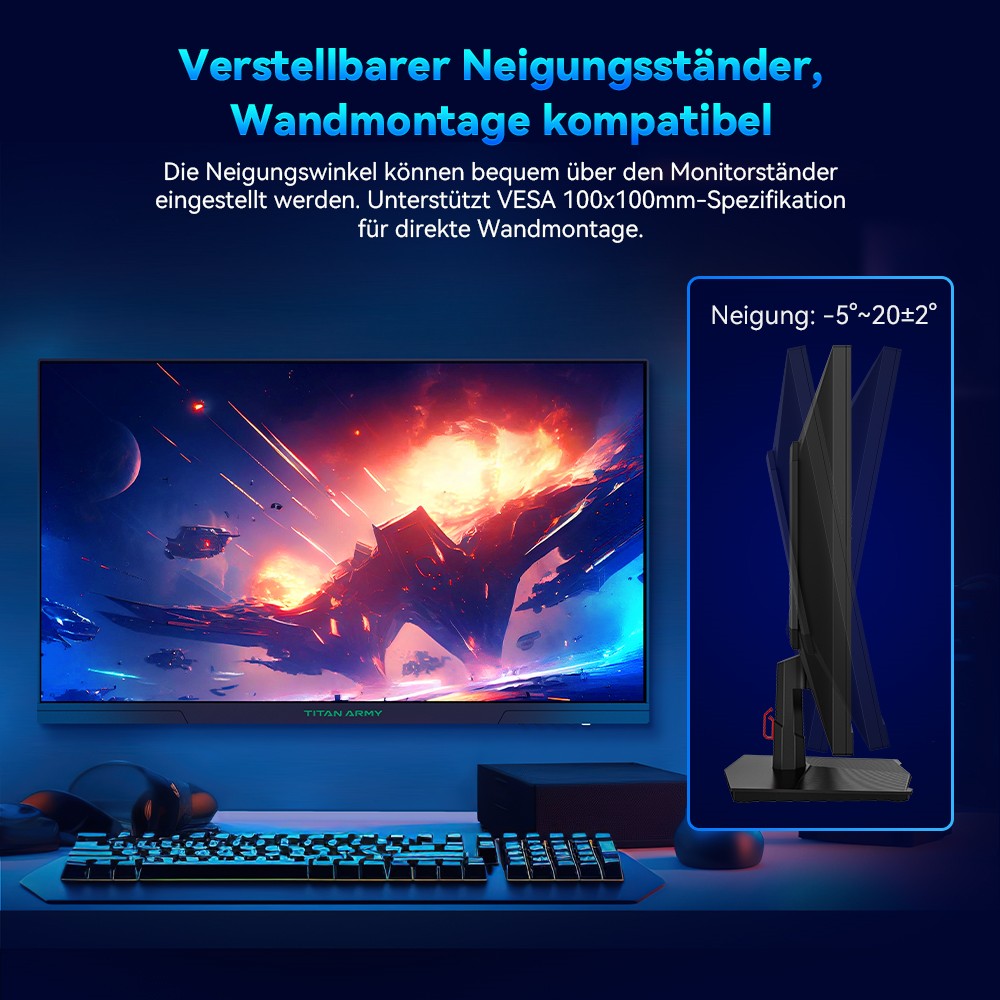 TITAN ARMY P27GR Gaming-Monitor, 27 Zoll 2560 x 1440 Fast-IPS-Bildschirm, 180 Hz Bildwiederholrate, 1 ms GTG, 99 % sRGB, HDR10, Adaptive-Sync, Gaming-Modus, dynamische OD, PBP- und PIP-Anzeige, schwaches blaues Licht, einstellbare Neigung, VESA-Wandmontage