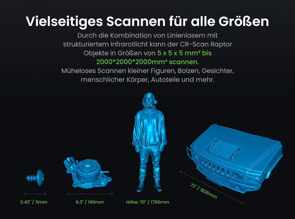 Creality Raptor 3D-Scanner, Hybrid Blue Laser NIR, 60fps Scangeschwindigkeit, Objekte zwischen 5-2000mm, 24-Bit Vollfarbscan, 0,02mm Genauigkeit, Anti-Verwacklung
