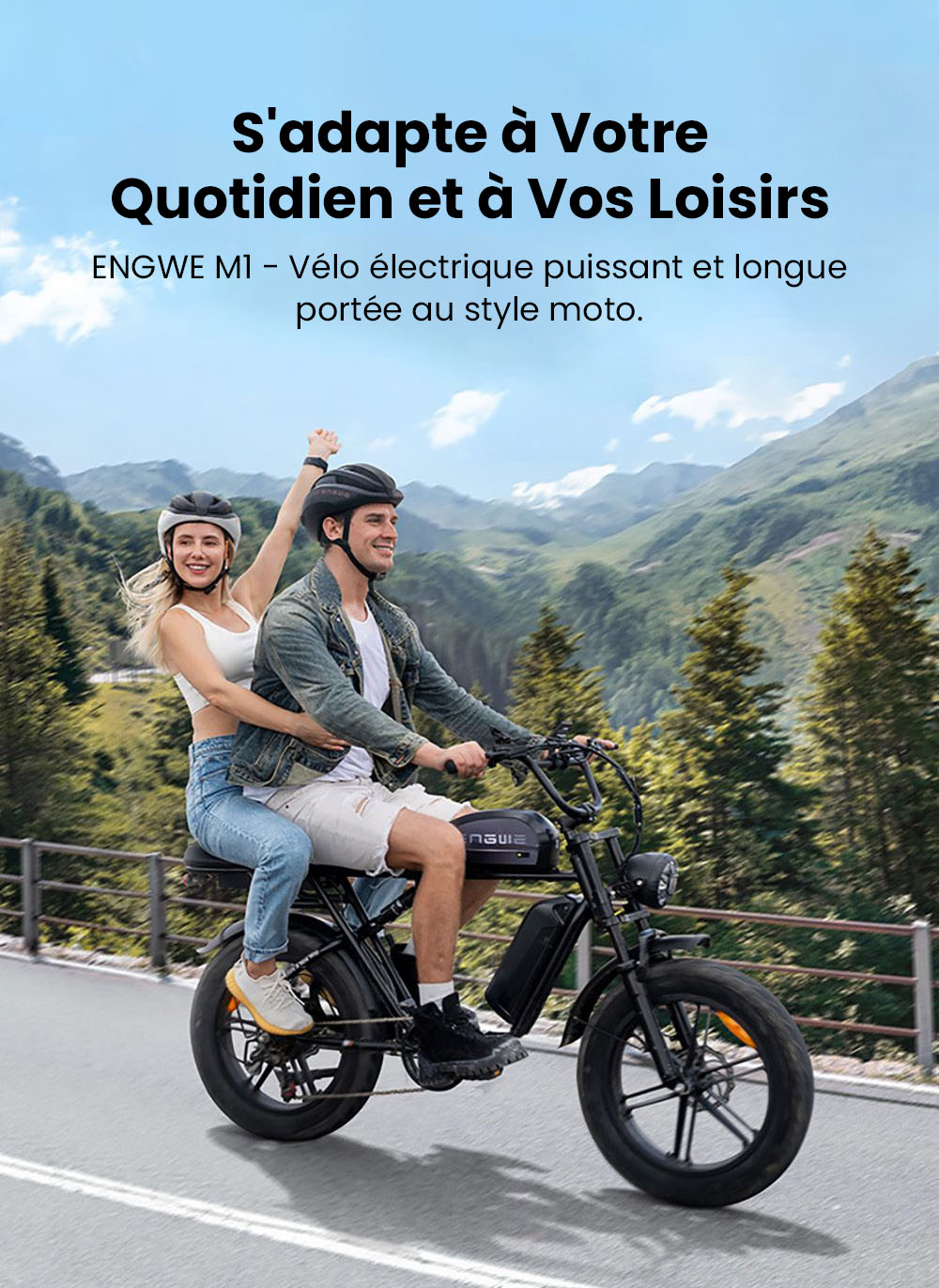 ENGWE M1 Vélo électrique, moteur 250 W, batterie 48 V 15,6 Ah, pneus larges 20 x 4,0 pouces, vitesse maximale 25 km/h, autonomie 90 km, freins à disque hydrauliques, double suspension, Shimano 7 vitesses, écran LCD - Noir