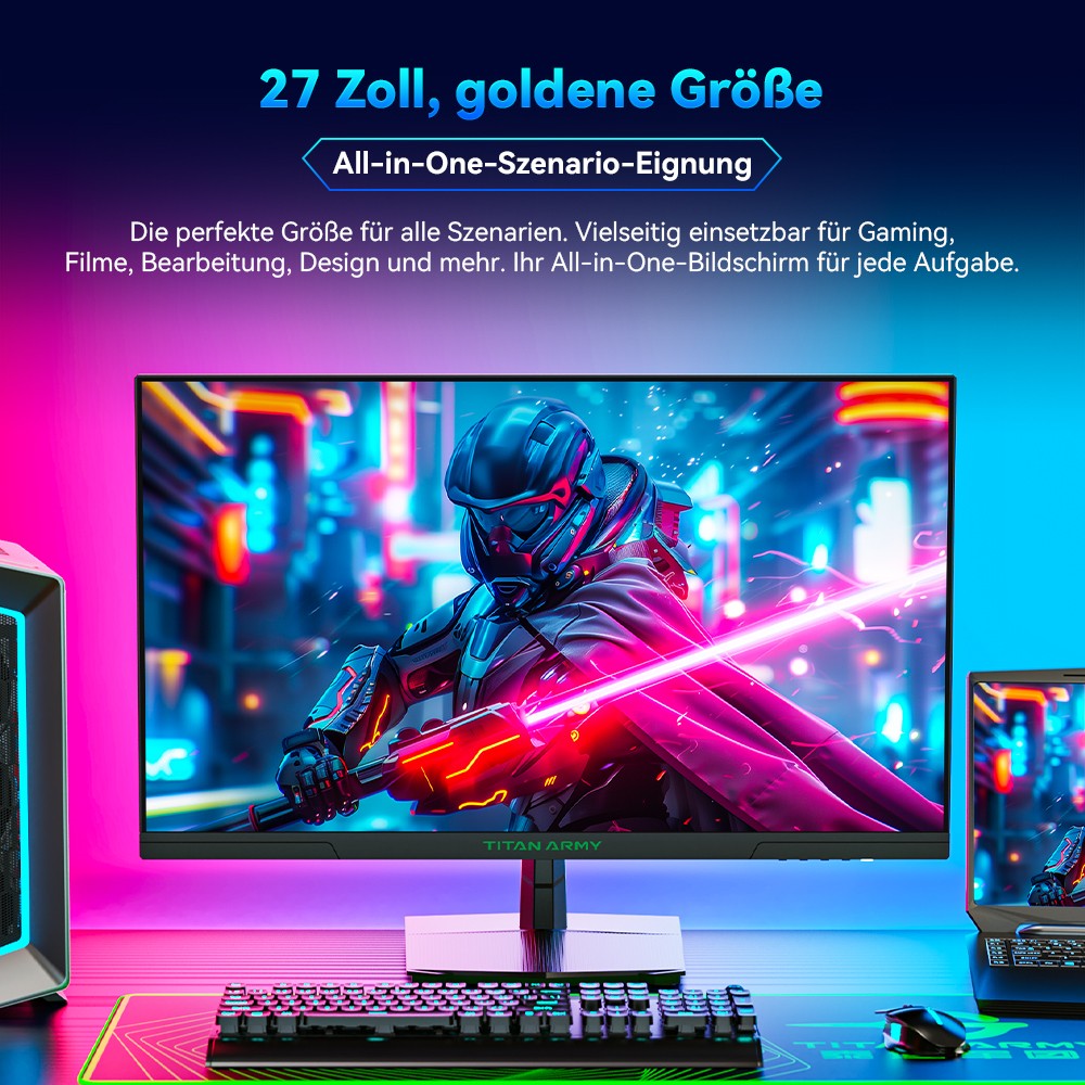 TITAN ARMY P27GR Gaming-Monitor, 27 Zoll 2560 x 1440 Fast-IPS-Bildschirm, 180 Hz Bildwiederholrate, 1 ms GTG, 99 % sRGB, HDR10, Adaptive-Sync, Gaming-Modus, dynamische OD, PBP- und PIP-Anzeige, schwaches blaues Licht, einstellbare Neigung, VESA-Wandmontage