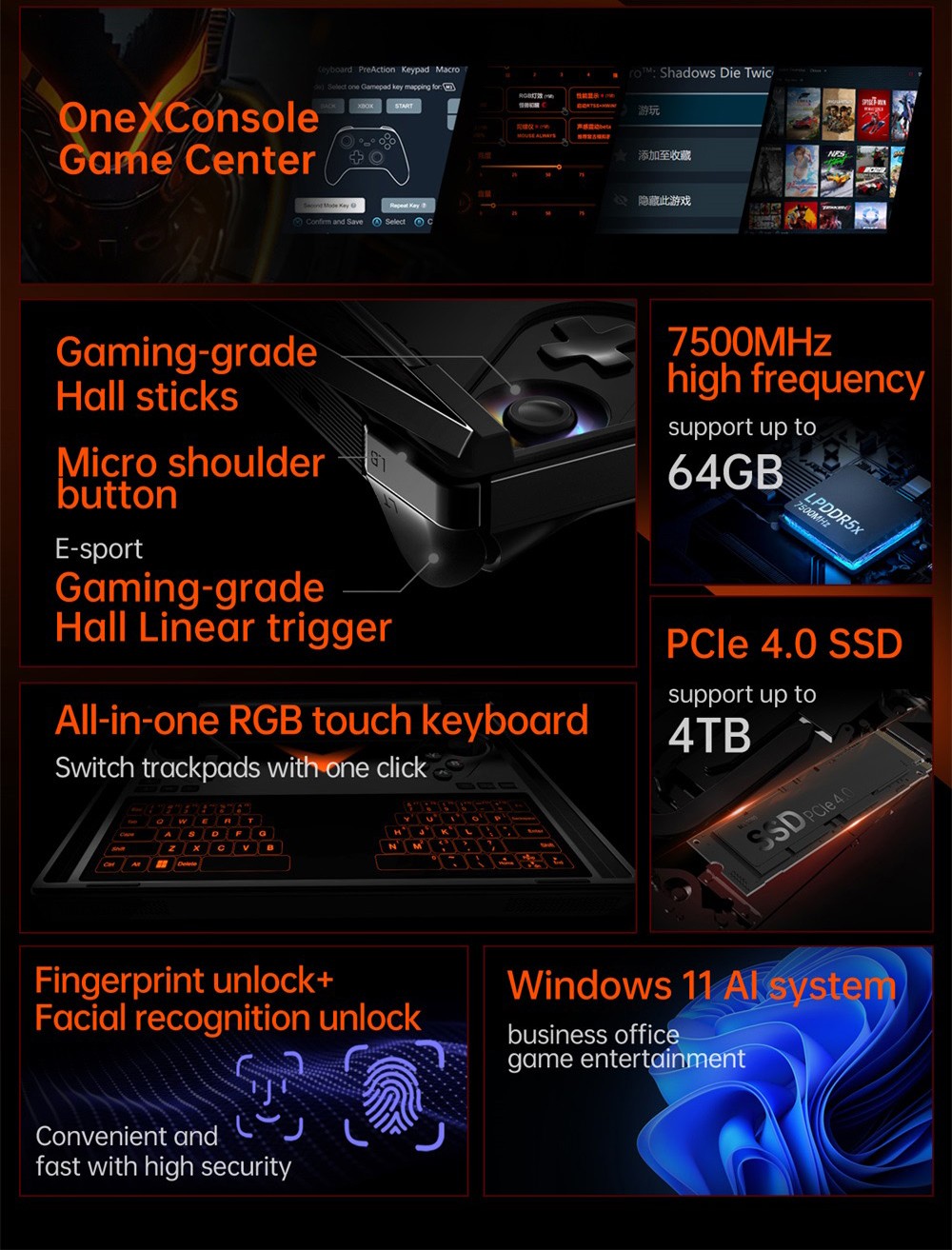 One Netbook OneXPlayer G1 Handheld Gaming PC, AMD Ryzen 7 8840U 8 Cores Max 5.1GHz, 8.8'' 2560*1600 144Hz Screen, 32GB LPDDR5X 7500MHz RAM 1TB SSD, WiFi 6E, 2*USB-C, 1*USB3.2, 1*TF Card, 1* Oculink, 1*3.5mm Audio, Fingerprint Unlock - EU Plug