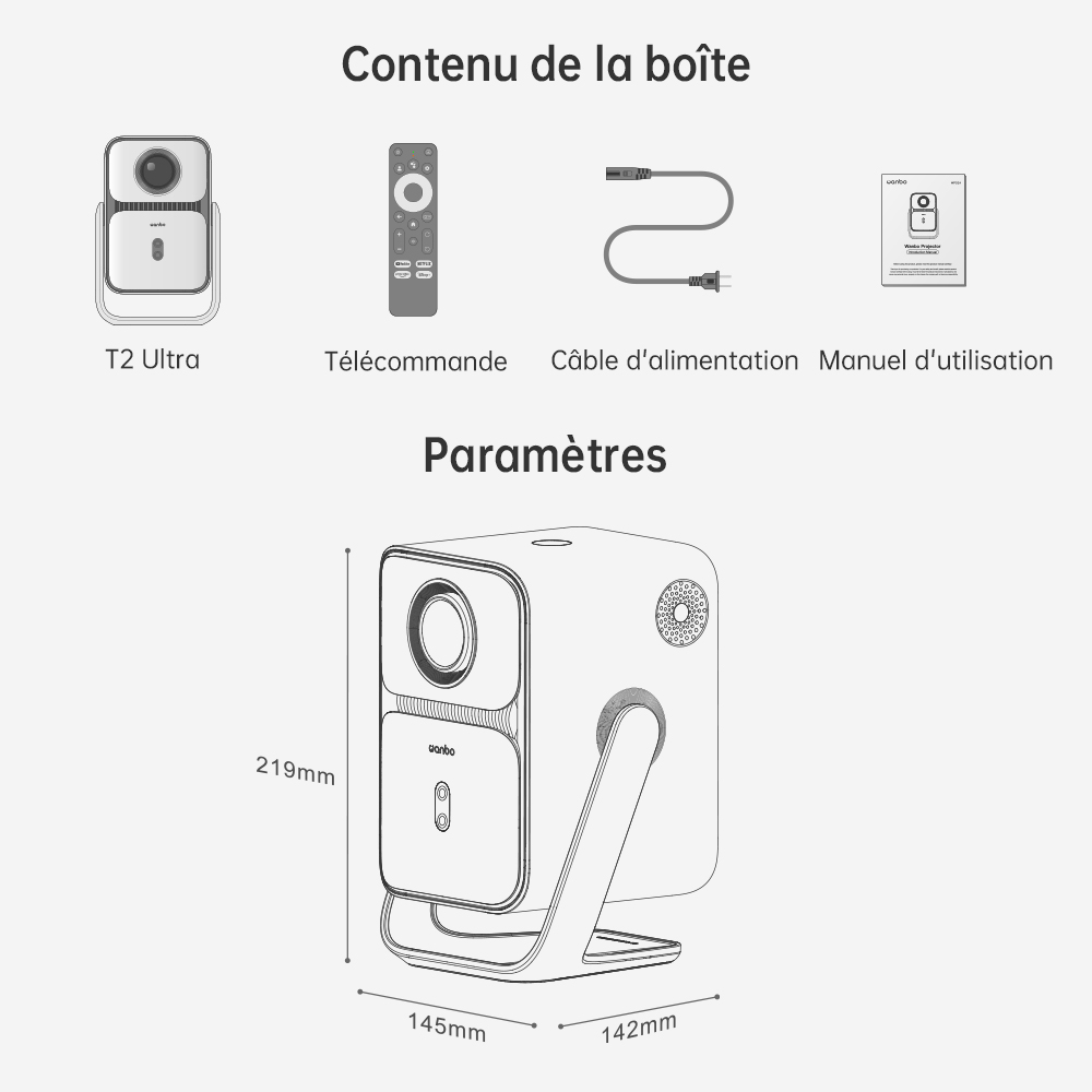 Projecteur Wanbo T2 Ultra, Android TV 11, 500 ANSI, 1080P natif, support rotatif à 120°, mise au point automatique et correction trapézoïdale, WiFi double bande, haut-parleur 2*5W