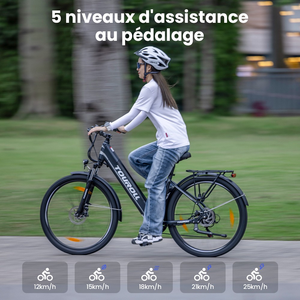 Touroll J1 ST Vélo de randonnée, 27,5 pouces, avec moteur 250 W, batterie 36 V 15,6 Ah, autonomie maximale de 100 km, écran LCD 1,8
