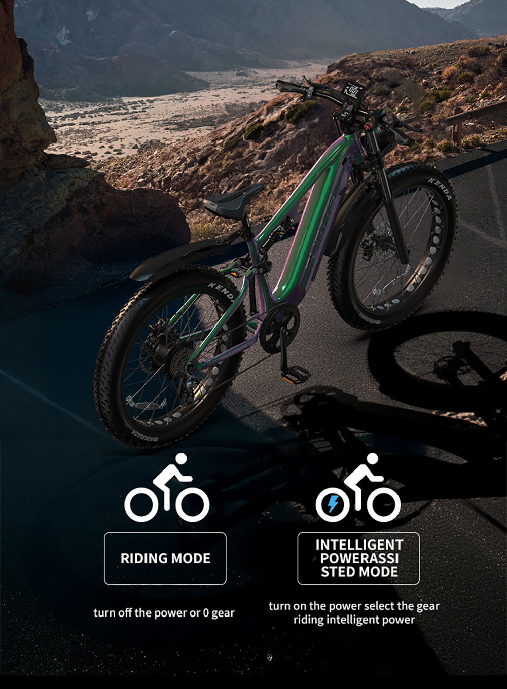 DUOTTS E26 Electric Bike, Bafang 750W Motor Torgue Sensor SAMSUNG 48V 20Ah Battery, 26*4.0 inch Tires, 55km/h Max Speed, 120km Max Range, TEKTRO Hydraulic Disc Brakes, Front and Rear Suspension, Shimano 8-speed - Green Purple