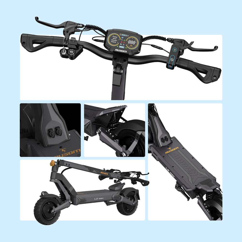 Ausom L2 Max Trottinette électrique, moteur 2 x 1 000 W, batterie 48 V 20,8 Ah, pneus 3 x 10 pouces, vitesse maximale 65 km/h, autonomie 90 km, freins à disque avant et arrière, suspension à bras oscillant, support AirTag dissimulé