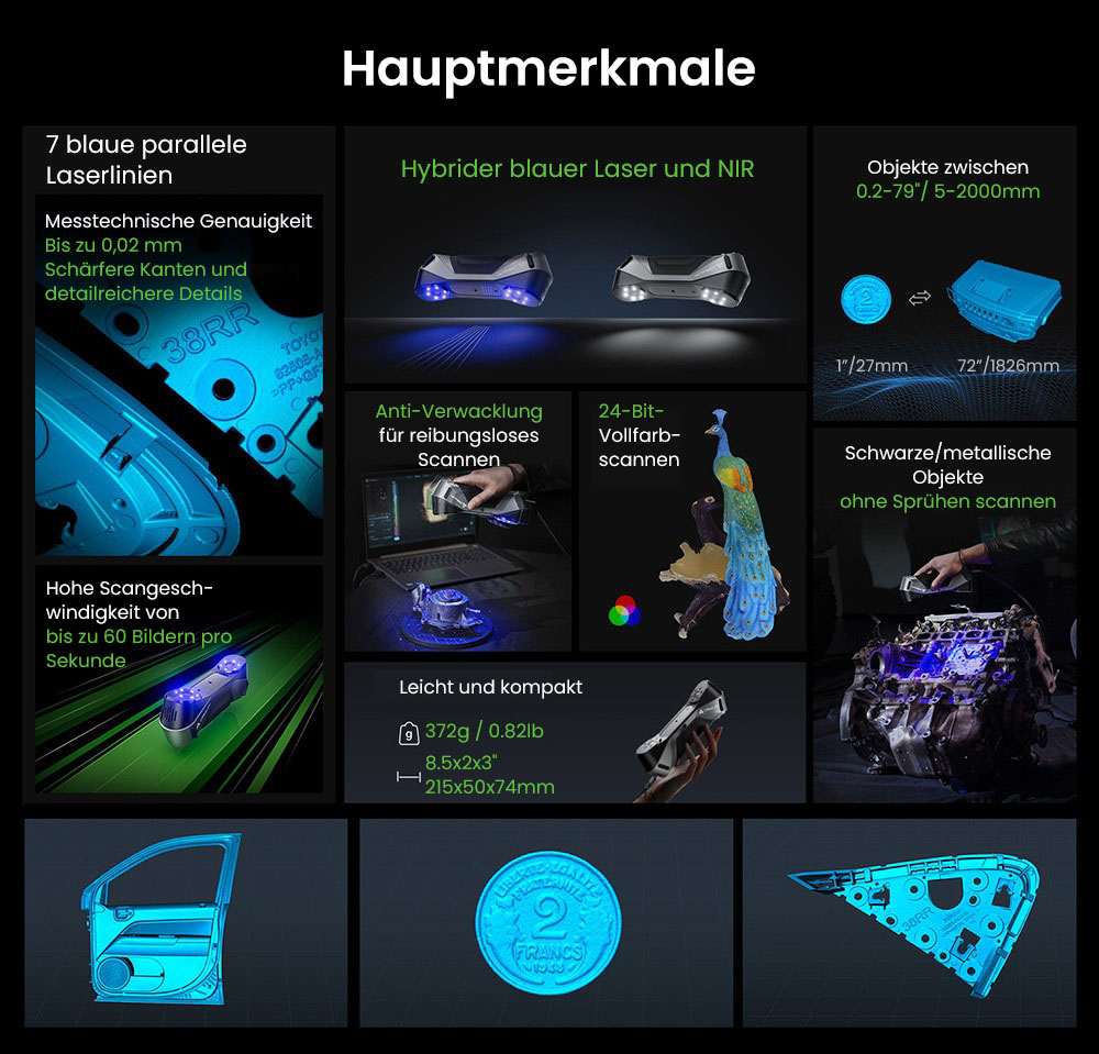 Creality Raptor 3D-Scanner, Hybrid Blue Laser NIR, 60fps Scangeschwindigkeit, Objekte zwischen 5-2000mm, 24-Bit Vollfarbscan, 0,02mm Genauigkeit, Anti-Verwacklung