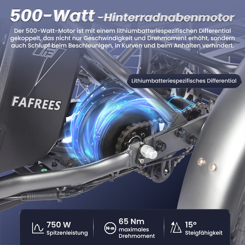 FAFREES F20 Mate Elektrisches Dreirad, bürstenloser 500-W-Motor, 48-V/18,2-Ah-Akku, 20 x 3,0 Zoll große dicke Reifen, Höchstgeschwindigkeit 25 km/h, maximale Reichweite 110 km, hydraulische Scheibenbremsen – Grau