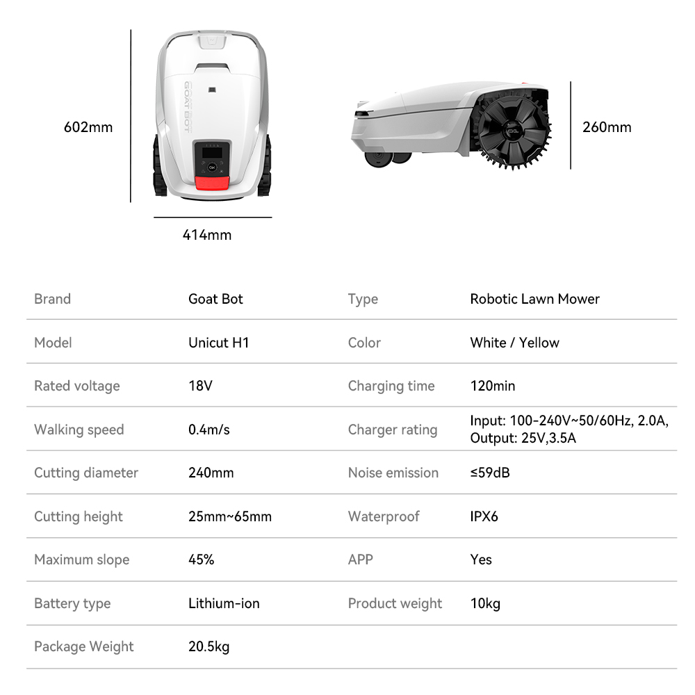 Goat Bot Unicut H1 Robotic Lawn Mower Wire Free up to 1500m² Large Area, No Boundary wire, RTK+VSLAM for Precise Mapping, AI Obstacle Avoidance, AI Automatic Mapping, APP Control, Multi-Zone Management, IPX6 Waterproof - White