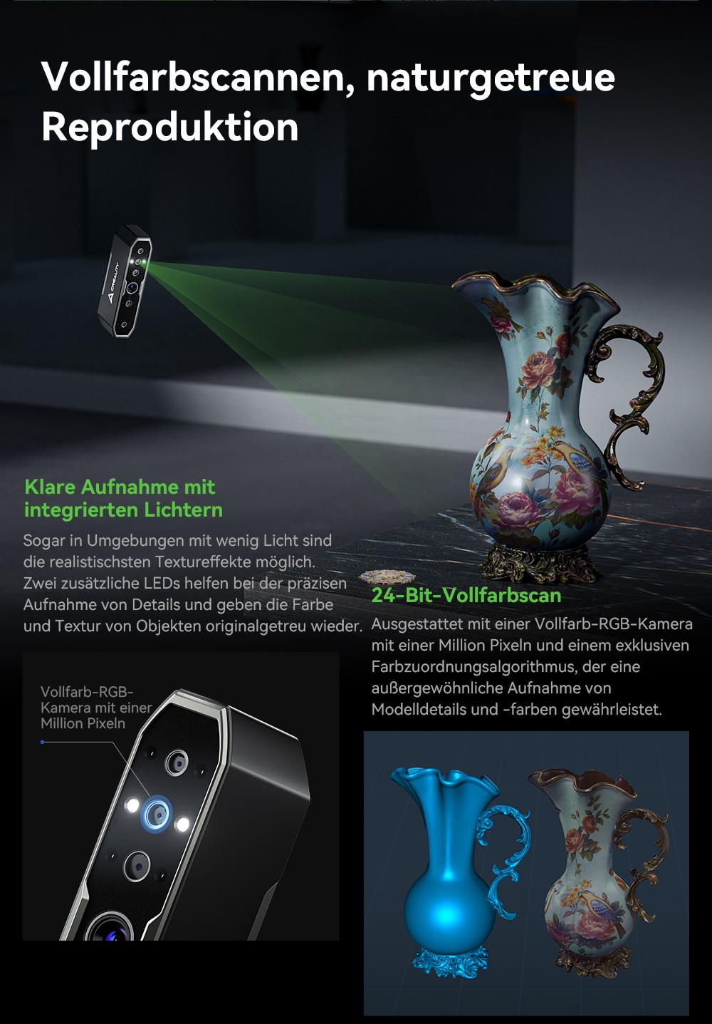 Creality CR Scan Otter 3D-Scanner, 20 fps Scan-Geschwindigkeit, 0,02 mm Genauigkeit, 4-Linsen-Stereovision, 24-Bit-Vollfarbscannen, 8 Infrarotlichter