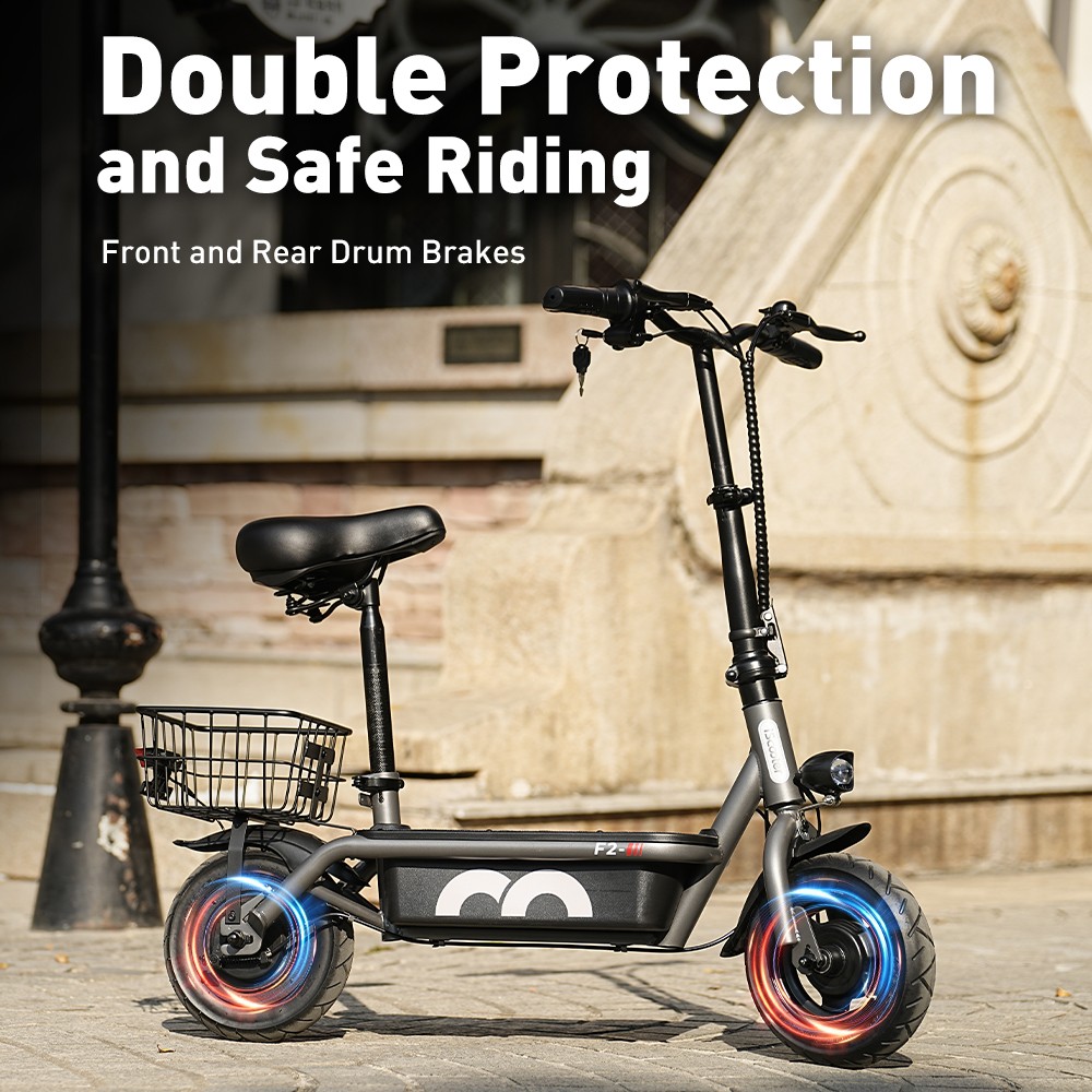 iScooter F2 Elektroroller mit Sitz und hinterem Korb, 500-W-Motor, 36-V-7,8-Ah-Akku, 10-Zoll-Reifen, 30 km/h Höchstgeschwindigkeit, 30 km Reichweite, Trommelbremsen vorne und hinten, 120 kg maximale Belastung