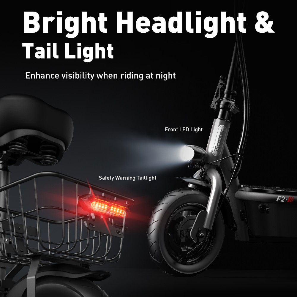 iScooter F2 Elektroroller mit Sitz und hinterem Korb, 500-W-Motor, 36-V-7,8-Ah-Akku, 10-Zoll-Reifen, 30 km/h Höchstgeschwindigkeit, 30 km Reichweite, Trommelbremsen vorne und hinten, 120 kg maximale Belastung