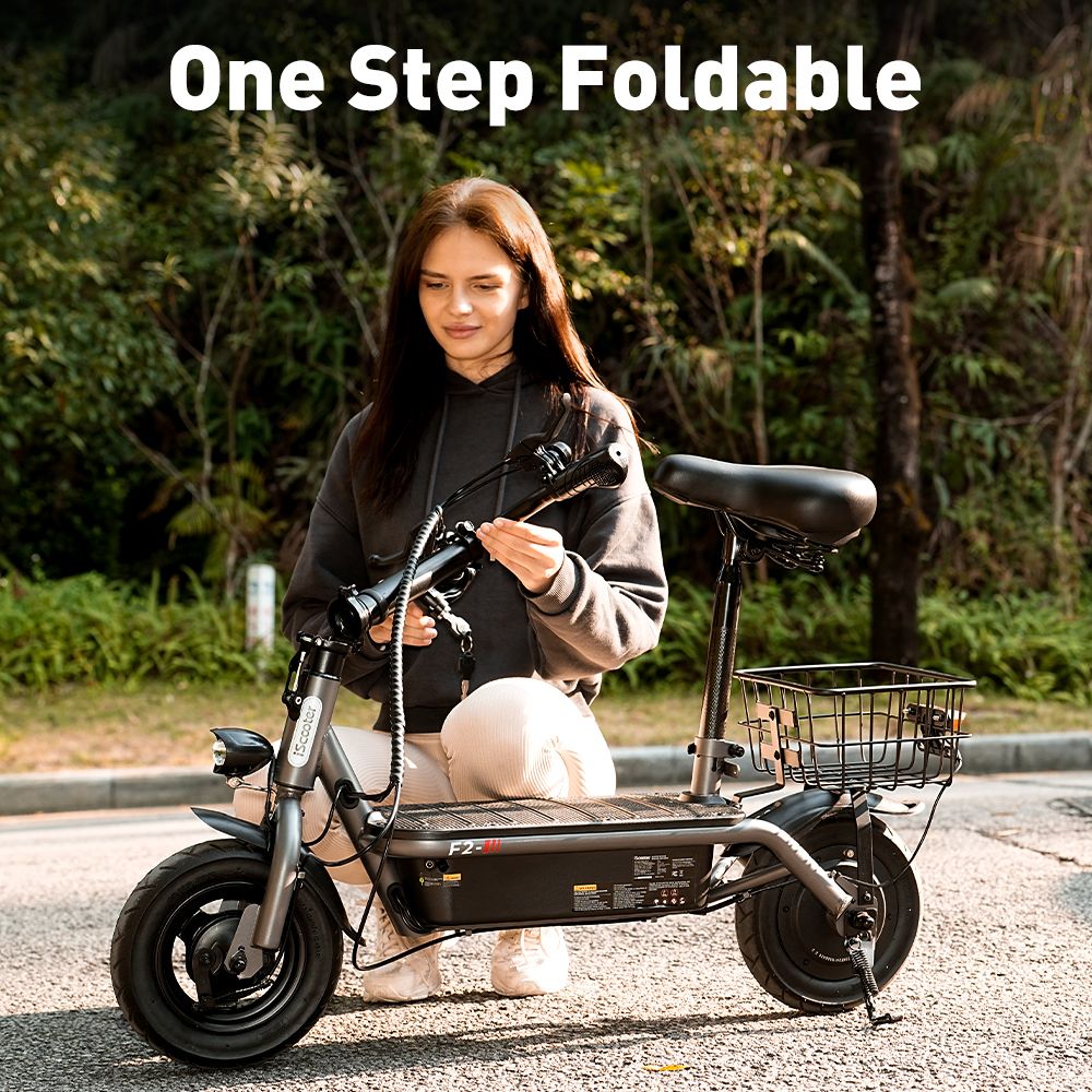 iScooter F2 Elektroroller mit Sitz und hinterem Korb, 500-W-Motor, 36-V-7,8-Ah-Akku, 10-Zoll-Reifen, 30 km/h Höchstgeschwindigkeit, 30 km Reichweite, Trommelbremsen vorne und hinten, 120 kg maximale Belastung