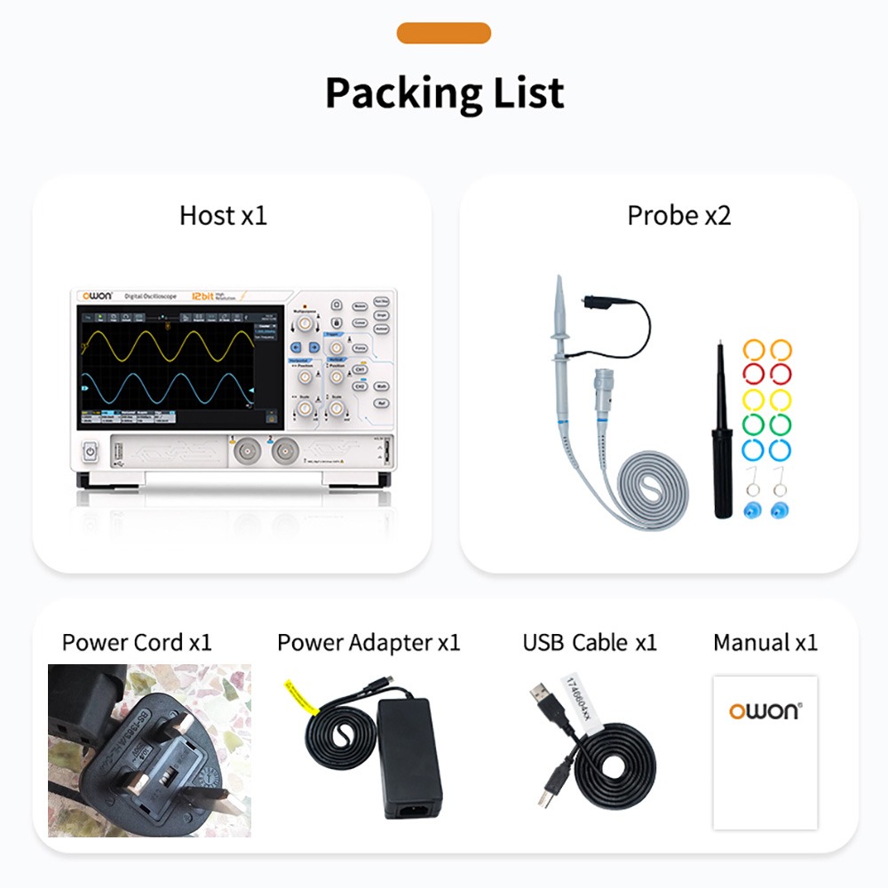 OWON ADS812A Digital Oscilloscope, 7-inch Touch Screen, 12Bit High Precision, Dual Channel, 100MHz Bandwidth, 1.25 GSa/s Sample Rate, 700,000 wfms/s Waveform, 50M Record, 500µV Resolution - EU Plug