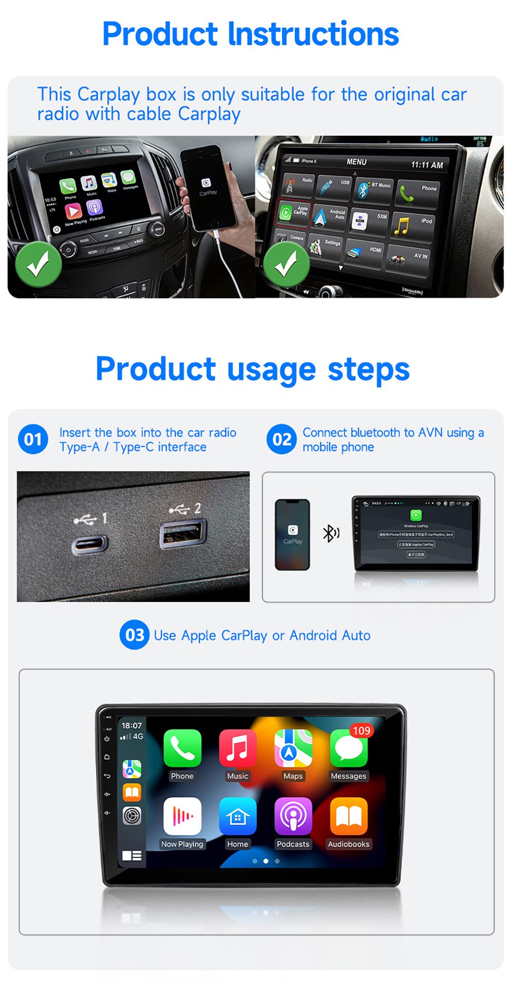 AB052E Wireless Carplay Adapter, Plug & Play Android Auto Box, Supports Split Screen/Voice Control/Navigation, Bluetooth 5.2 & WiFi 4