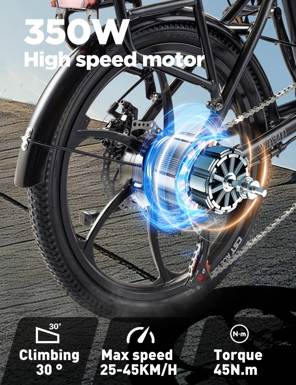 RANDRIDE YA20 Electric Bike 350W Motor 40km/h Max Speed 48V 12.8Ah Battery 80-90 Max Range 20*1.95'' CST Tires 120kg Load Shimano 7 Speed