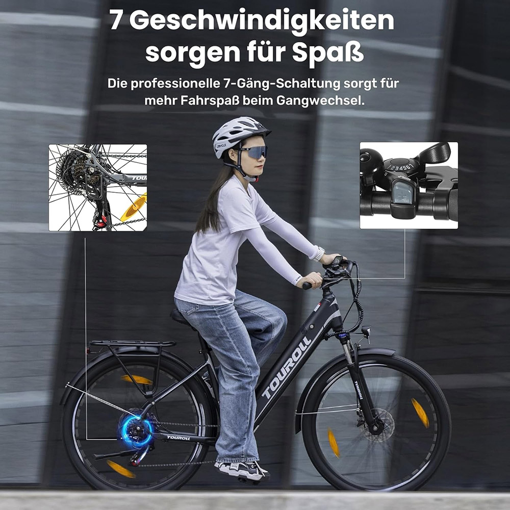 Touroll J1 ST Trekkingrad mit 250-W-Motor, 27,5-Zoll-Rädern, 561,6-Wh-Akku, 100 km Reichweite, mechanischer Scheibenbremse und E-Bremse (schwarz)