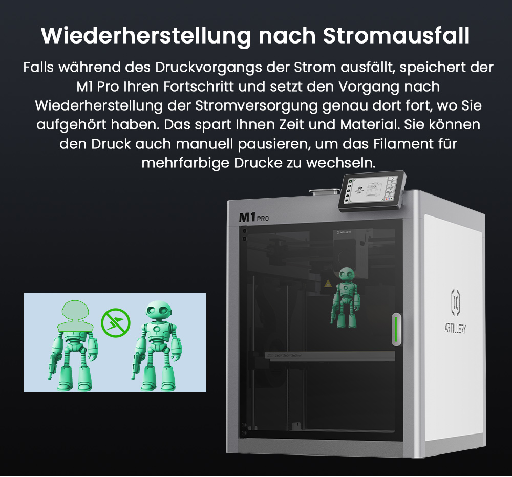 Artillery M1 Pro 3D Drucker, 600 mm/s Hochgeschwindigkeit, automatische Nivellierung, intelligente Temperatur-/Smart-Loop-Steuerung, monolithischer Aluminiumgussrahmen, WLAN, 260*260*260mm