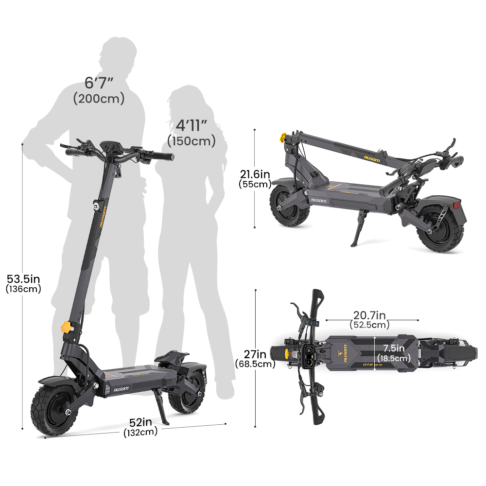 Ausom DT2 Pro Electric Scooter, 2*1100W Motor, 52V 23.4Ah, 10*3.0 inch Tire, 68km/h Max Speed, 115km Max Range, Front & Rear Hydraulic Disc Brakes, Swingarm Suspension
