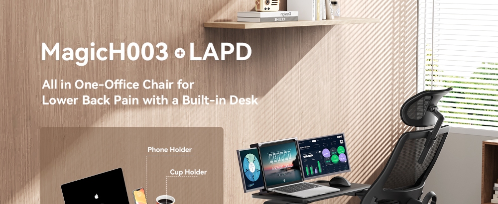 NEWTRAL MAGICH003 ergonomikus szék levehető munkaállomás asztallappal (továbbfejlesztett), automatikusan követő háttámla, adaptív alsó háttámla, állítható fejtámla ülésmélység, 3D kartámasz, 3 pozíció rögzítése