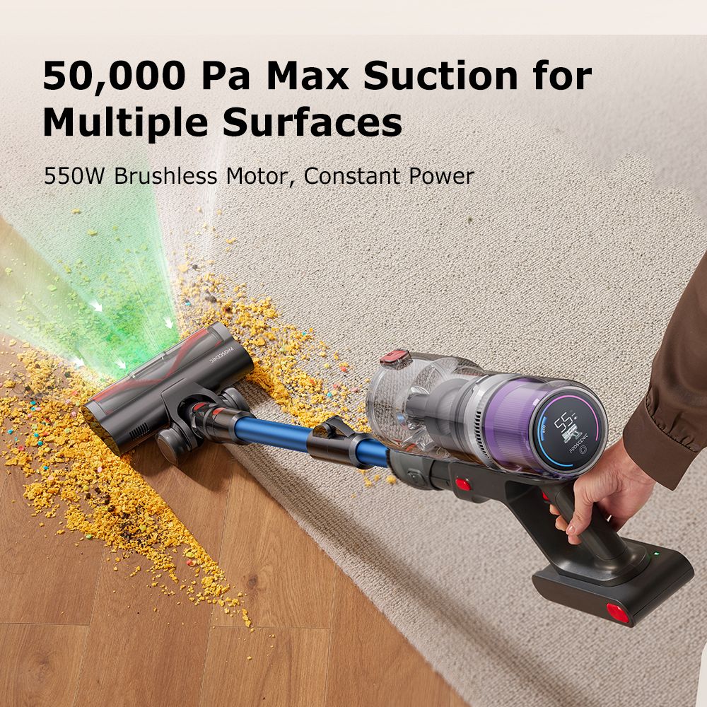 Proscenic P16 Flexible Battery Vacuum Cleaner, 550 W/45 Kpa, 55 Mins Vacuum Cleaner, Wireless with Touchscreen Folding Tube, Green Light, Wall-Mounted Charging Station, Anti-Tangle for Carpet, Hard