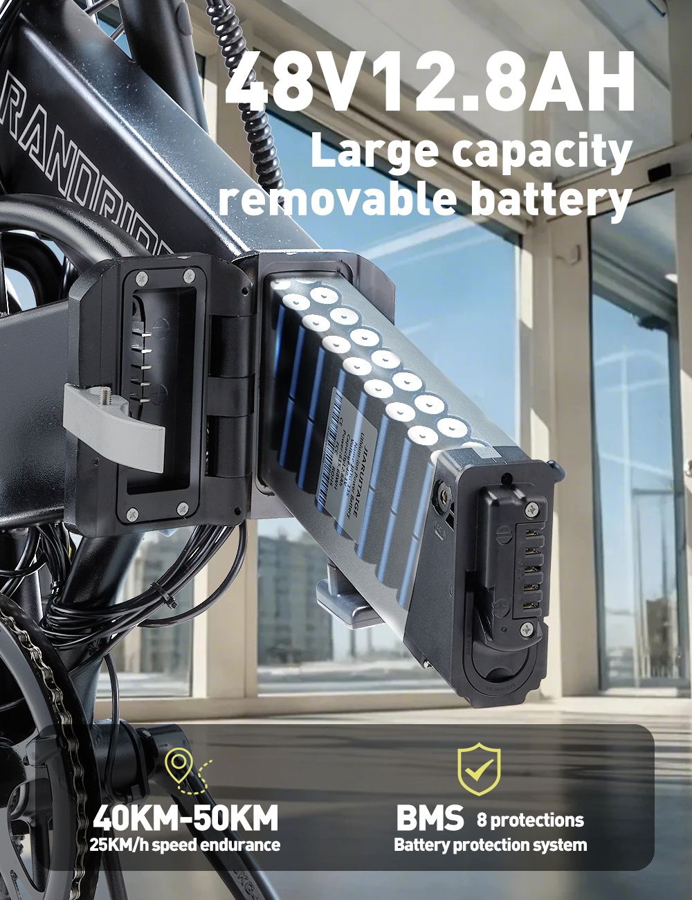 RANDRIDE YA20 Electric Bike 350W Motor 40km/h Max Speed 48V 12.8Ah Battery 80-90 Max Range 20*1.95'' CST Tires 120kg Load Shimano 7 Speed