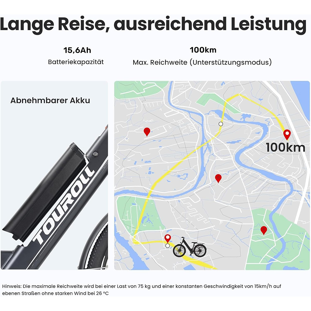 Touroll J1 ST Trekkingrad mit 250-W-Motor, 27,5-Zoll-Rädern, 561,6-Wh-Akku, 100 km Reichweite, mechanischer Scheibenbremse und E-Bremse (schwarz)
