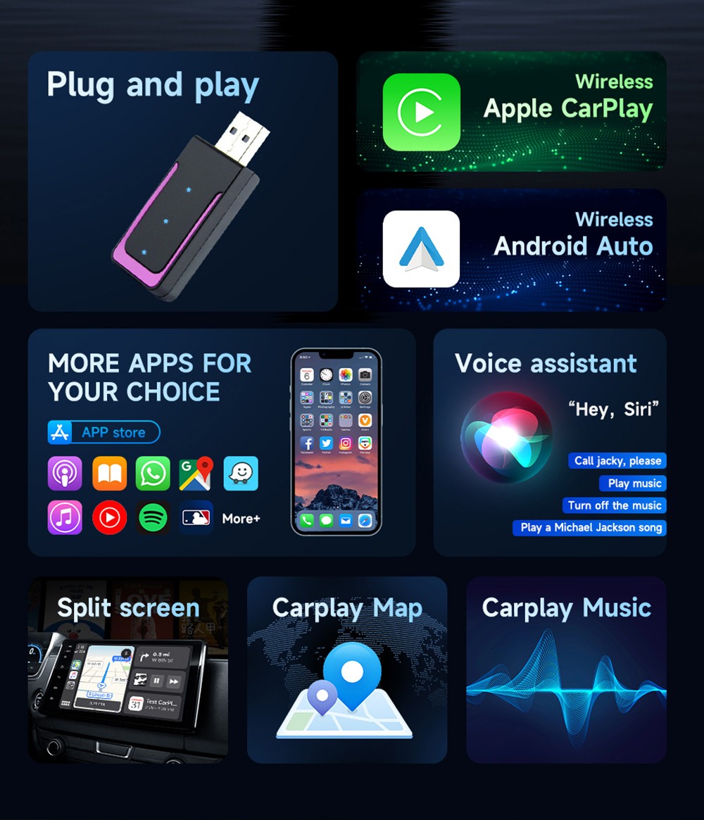 AB052E Wireless Carplay Adapter, Plug & Play Android Auto Box, Supports Split Screen/Voice Control/Navigation, Bluetooth 5.2 & WiFi 4
