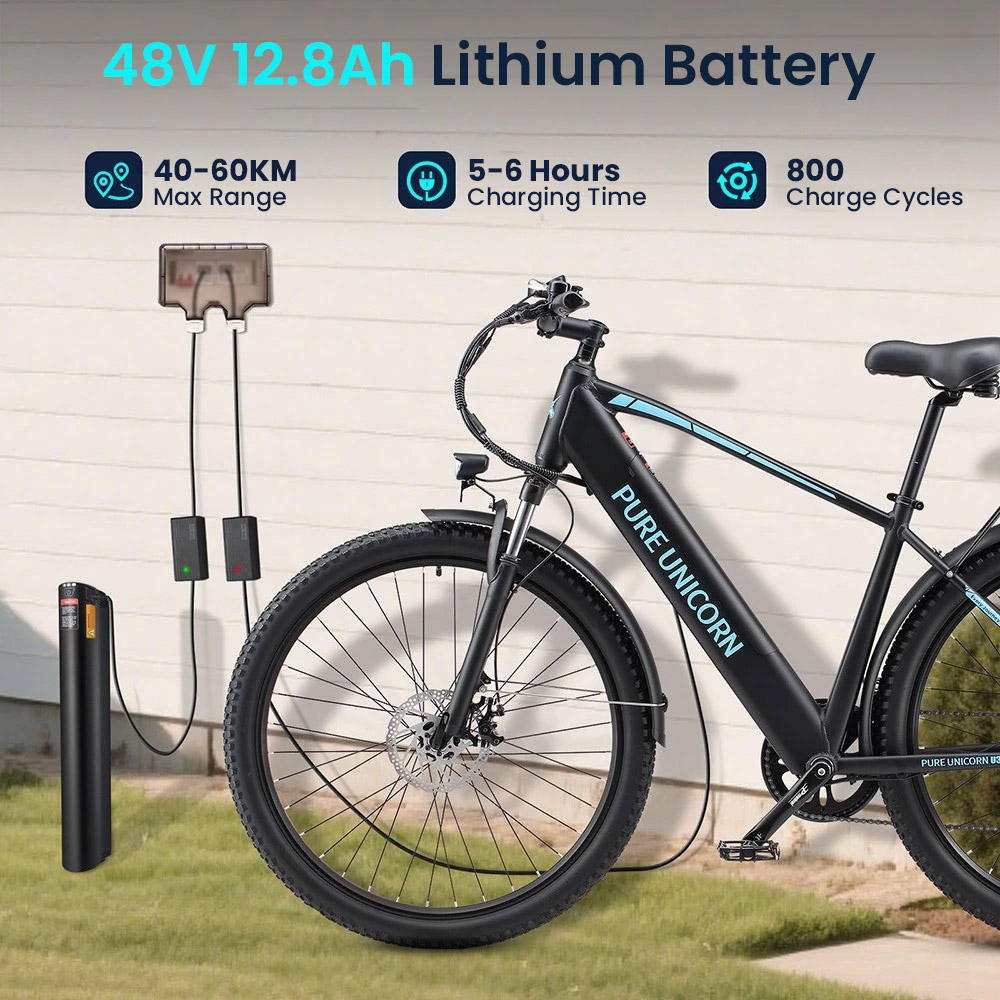 PURE UNICORN U3 Elektrofahrrad, 750-W-Motor, 48-V-12,8-Ah-Akku, 29-Zoll-Reifen, 45 km/h Höchstgeschwindigkeit, 60 km Reichweite, mechanische Scheibenbremsen, Vorderradfederung, Shimano 7-Gang