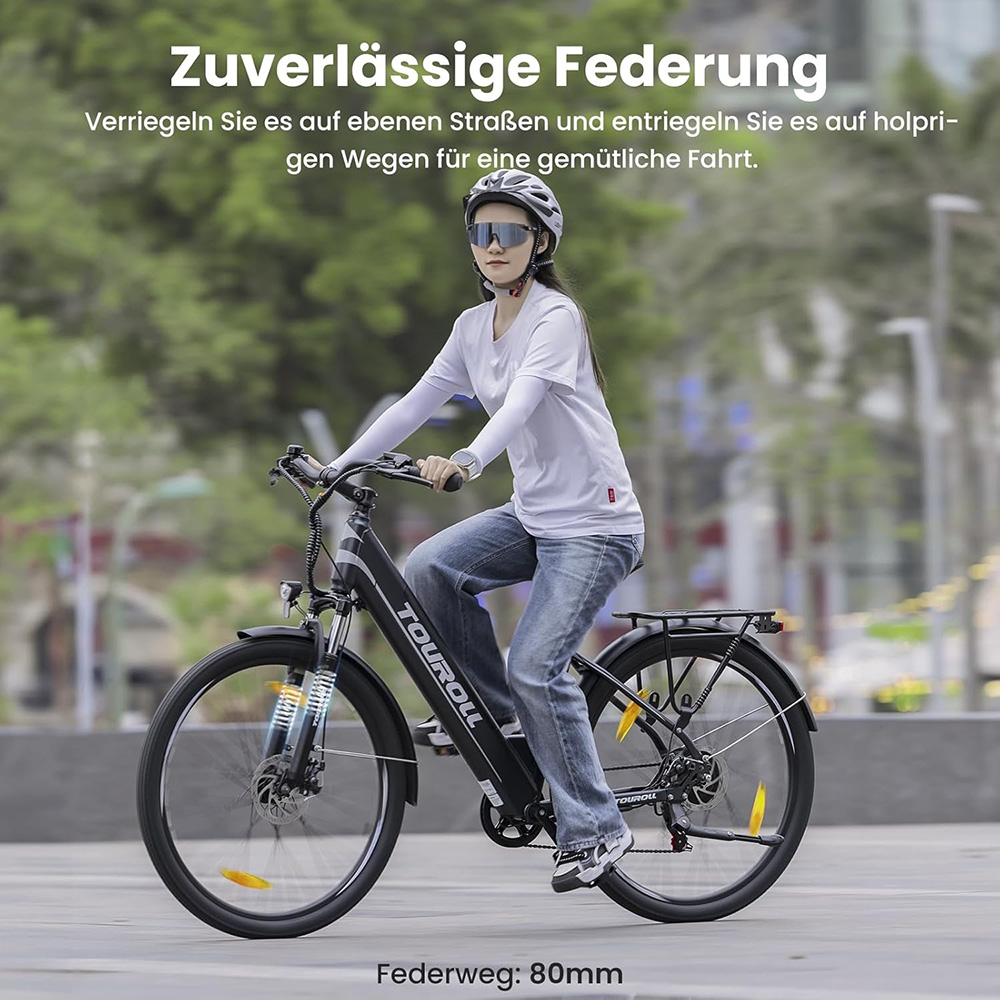 Touroll J1 ST Trekkingrad mit 250-W-Motor, 27,5-Zoll-Rädern, 561,6-Wh-Akku, 100 km Reichweite, mechanischer Scheibenbremse und E-Bremse (schwarz)