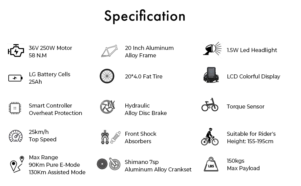 TTGO F6 Electric Bike, 250W Motor, 36V 25Ah Battery, 20*4 inch Tires, 25km/h Max Speed, 130km Max Range, Hydraulic Disc Brake, Front Shock Absorber, Torque Sensor, Shimano 7-speed, LCD Display - Grey
