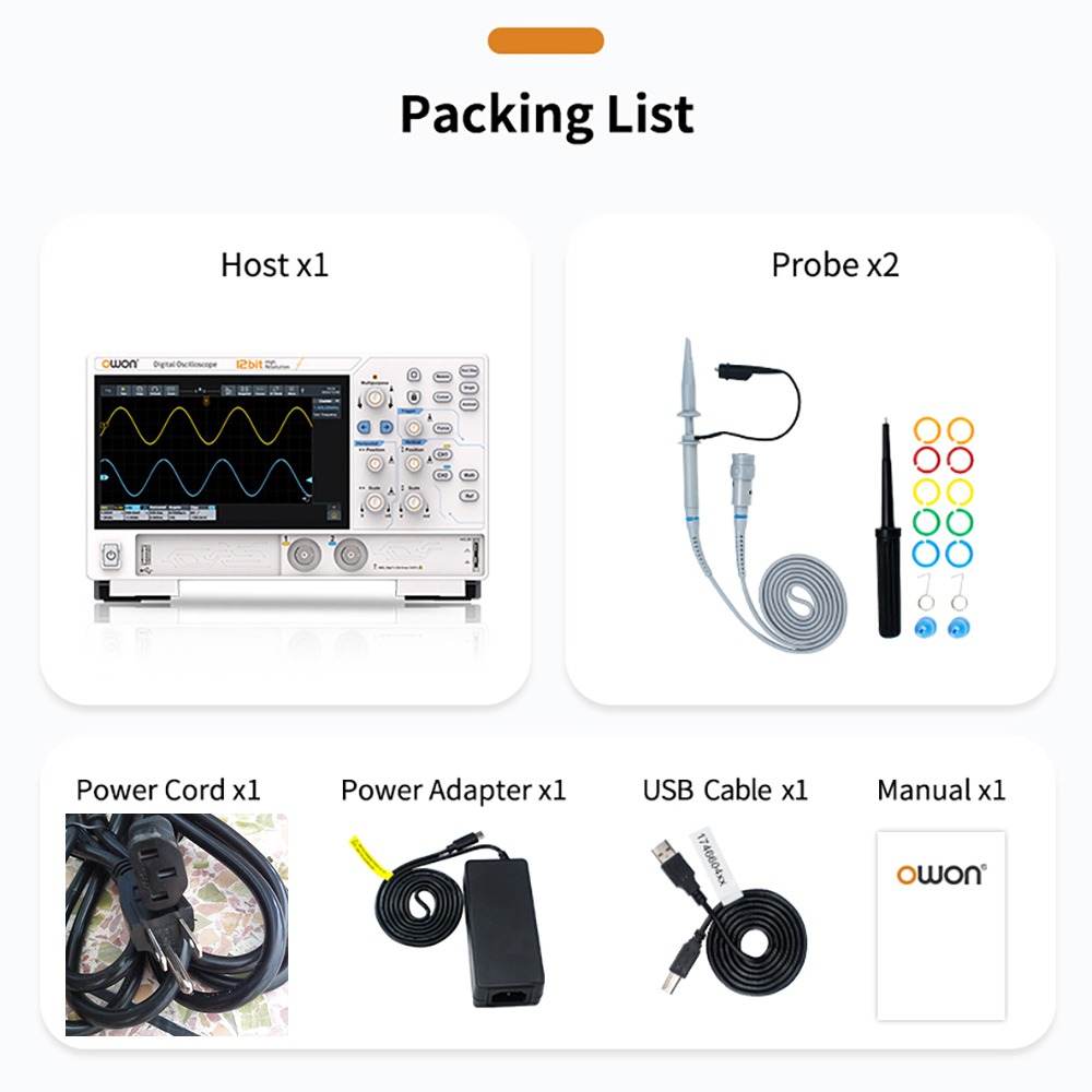 OWON ADS822A Digital Oscilloscope, 7-inch Touch Screen, 12Bit High Precision, Dual Channel, 200MHz Bandwidth, 1.25 GSa/s Sample Rate, 700,000 wfms/s Waveform, 50M Record, 500µV Resolution - EU Plug