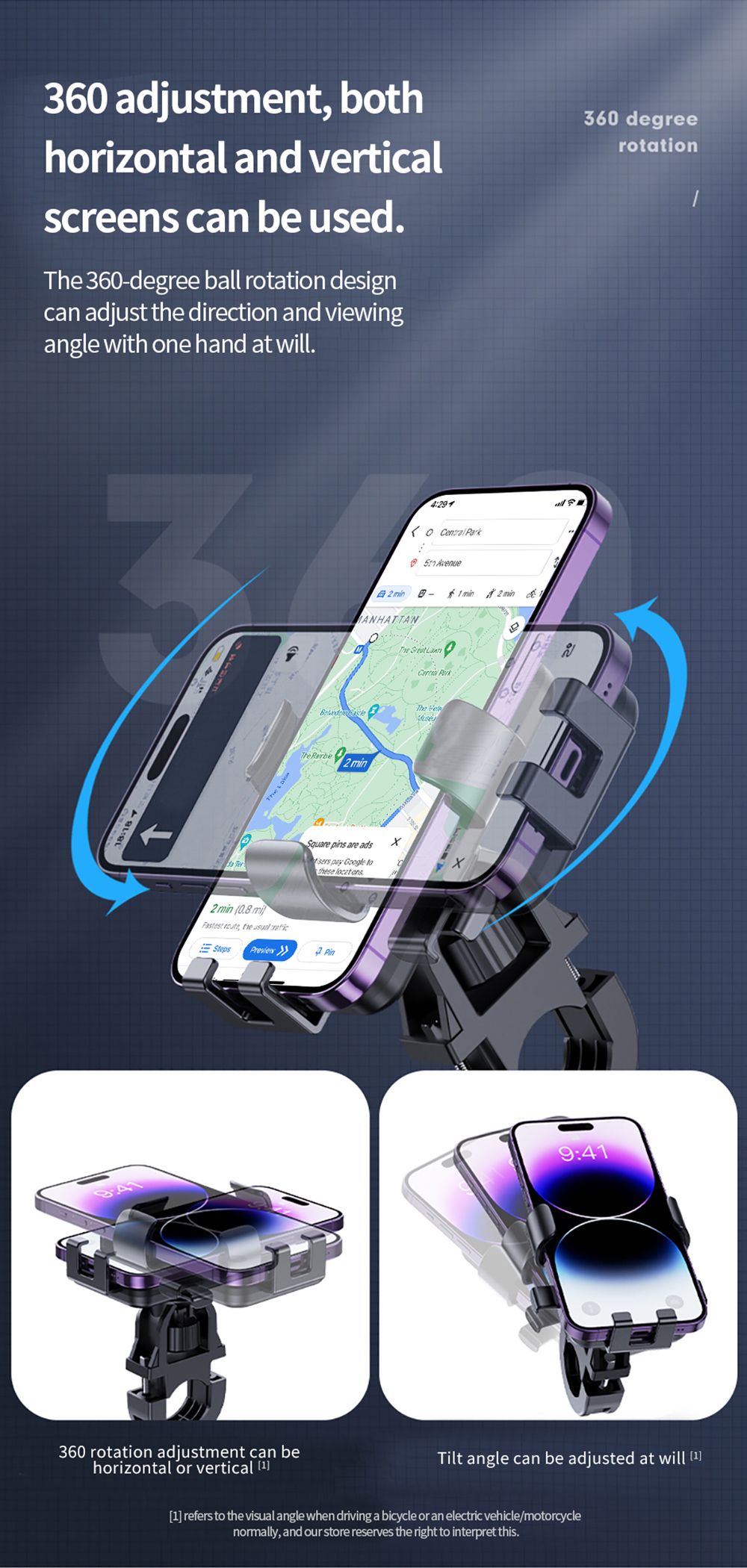 M5 Phone Holder for Electric Bikes / Motorcycles, Suitable for 4.7-7.2 inch Phones - Handlebar Type, Black