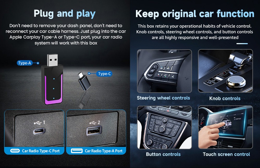 AB052E Wireless Carplay Adapter, Plug & Play Android Auto Box, Supports Split Screen/Voice Control/Navigation, Bluetooth 5.2 & WiFi 4