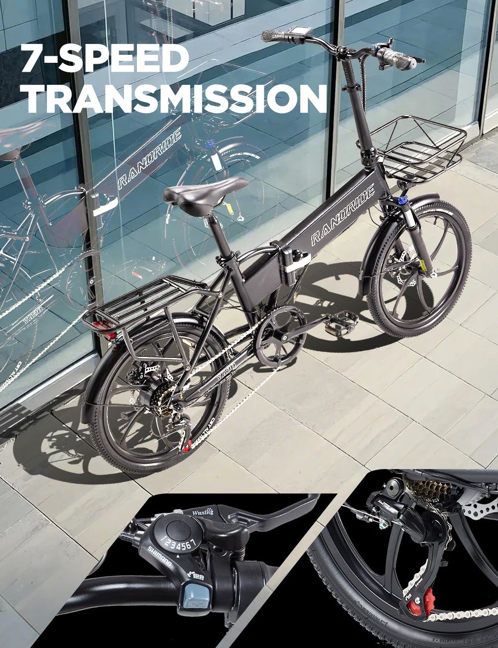 RANDRIDE YA20 Vélo électrique, Moteur 350W, Vitesse maximale 45km/h, Batterie 48V 12.8Ah, Autonomie maximale 80-90, Pneus CST 20*1.95'', Charge 120kg, Shimano 7 vitesses