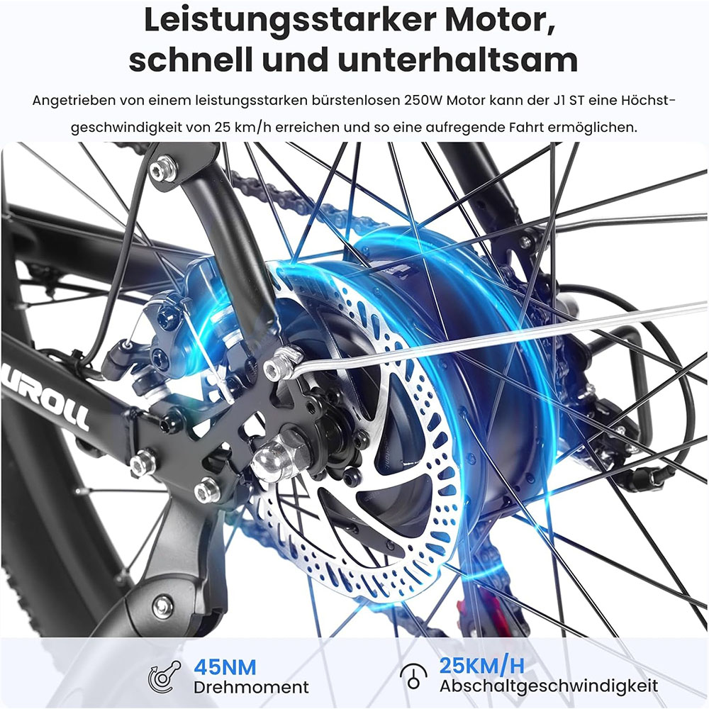 Touroll J1 ST Trekkingrad mit 250-W-Motor, 27,5-Zoll-Rädern, 561,6-Wh-Akku, 100 km Reichweite, mechanischer Scheibenbremse und E-Bremse (schwarz)