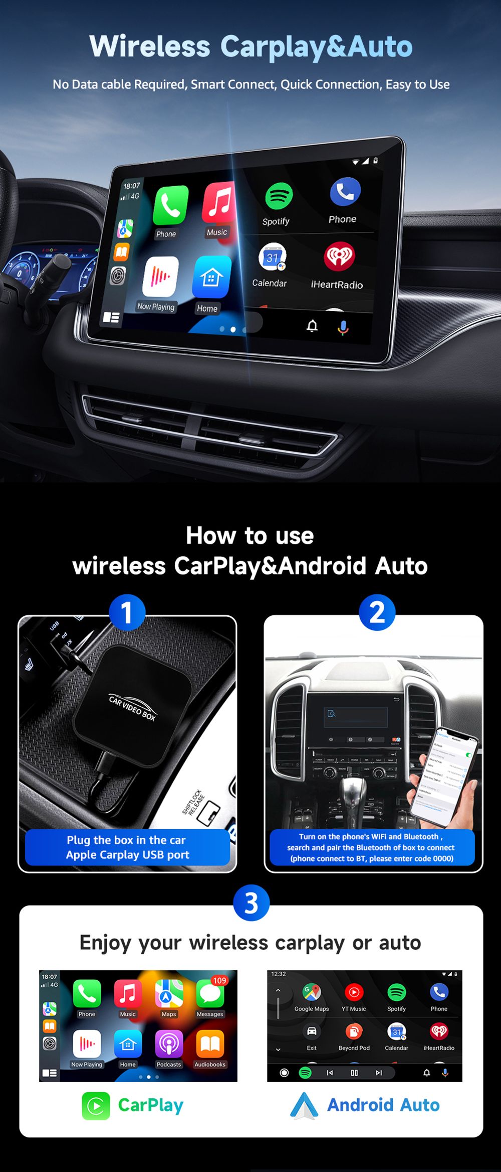 AB038 Wireless CarPlay Android Auto Box, Car Multimedia System with Mirror Link, Plug & Play USB Adapter, Dual WiFi 2.4G/5G, Bluetooth 5.0, Supports TF Card & Online Videos