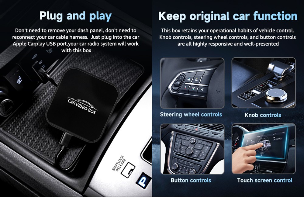 AB038 Wireless CarPlay Android Auto Box, Car Multimedia System with Mirror Link, Plug & Play USB Adapter, Dual WiFi 2.4G/5G, Bluetooth 5.0, Supports TF Card & Online Videos