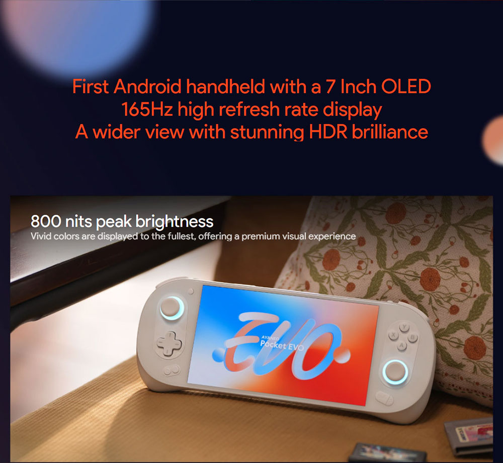 AYANEO Pocket EVO Android 13 Handheld Game Console, 7 inch 1080P OLED 165Hz Screen, Qualcomm Snapdragon G3x Gen 2 Gaming Platform, 12GB LPDDR5X RAM 256GB UFS 4.0 Storage, RGB Hall Joystick & Linear Hall Trigger, 8600mAh Battery - White
