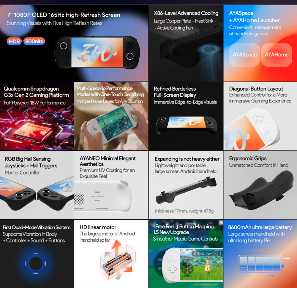 AYANEO Pocket EVO Android 13 Handheld Game Console, 7 inch 1080P OLED 165Hz Screen, Qualcomm Snapdragon G3x Gen 2 Gaming Platform, 16GB LPDDR5X RAM 1TB UFS 4.0 Storage, RGB Hall Joystick & Linear Hall Trigger, 8600mAh Battery - White