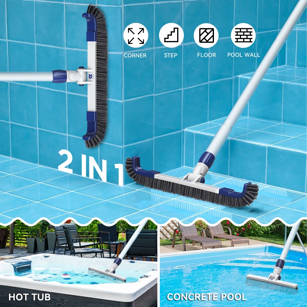 Ainkter PB26 19-inch 2 in 1 Pool Brush Head, Adjustable 180°, for Inground/Above Ground Pool Cleaning Walls, Waterline Tiles & Floors
