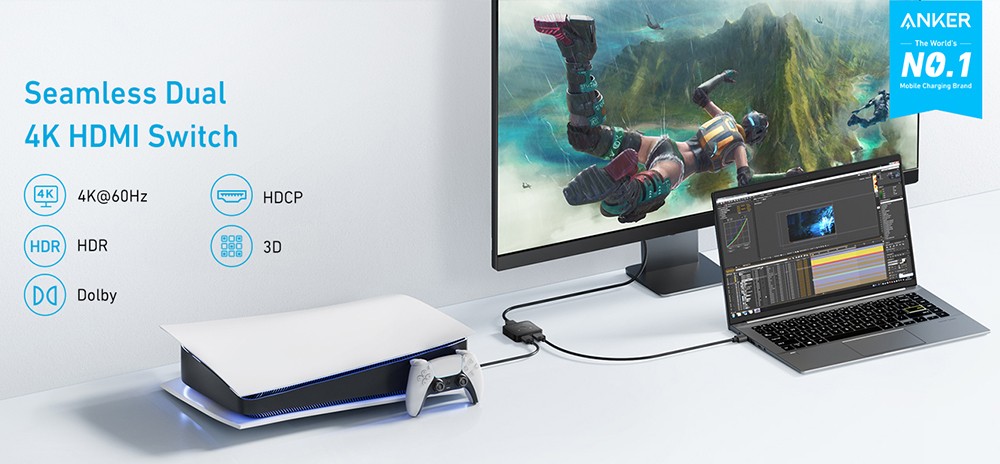 Anker 83H1 2-in-1-out 4K@60Hz HDMI Switcher, Supports HDR, 3D, Dolby, Compatible with Laptops, PC, Xbox Series, PS5 / PS4, Projector