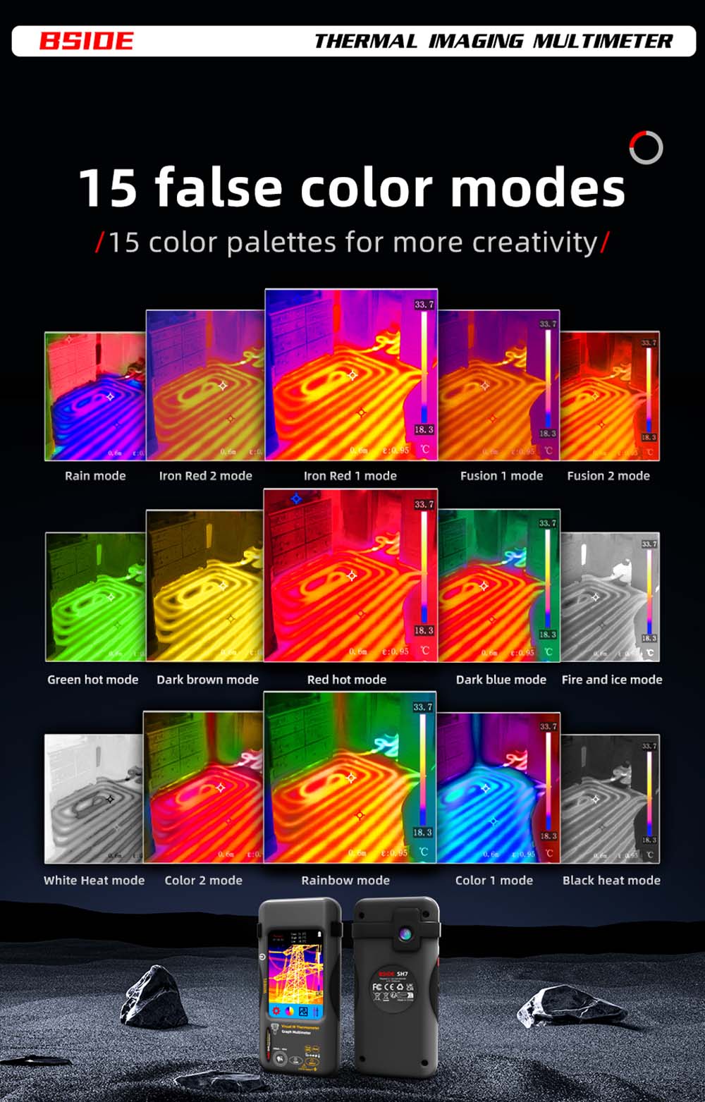 BSIDE SH7 Infrared Thermal Imager Multimeter, 240x240Pixel, 15 Color Modes, 3.98' TFT Touch Screen, USB Rechargeable Battery, Outdoor Indoor Use, with Flexible Coil