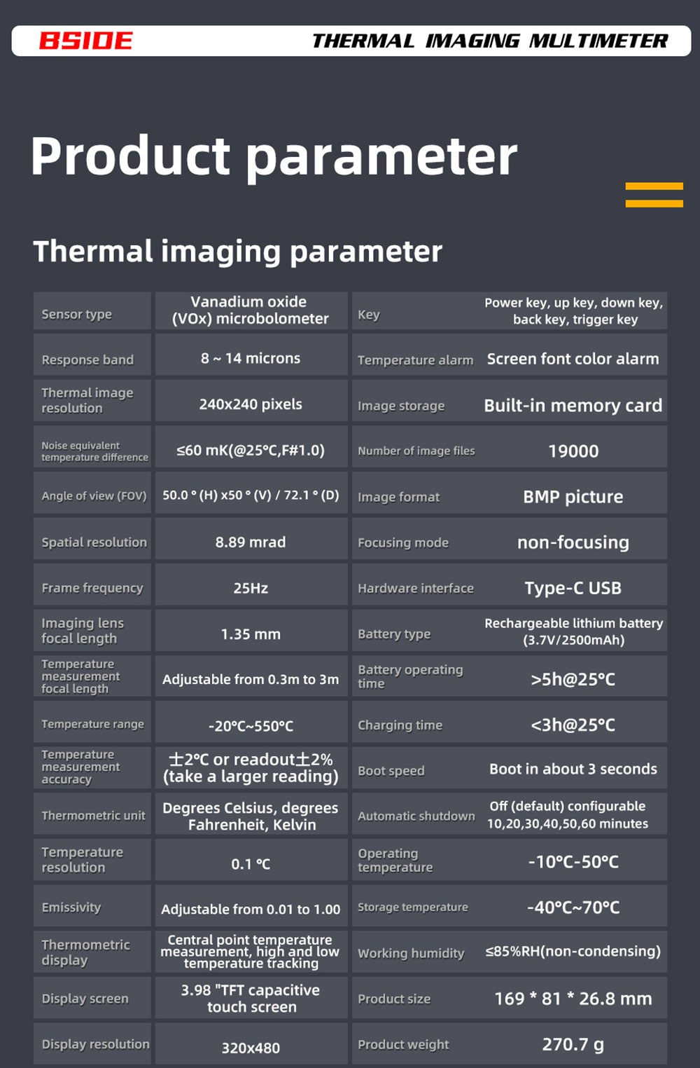 BSIDE SH7 Infrared Thermal Imager Multimeter, 240x240Pixel, 15 Color Modes, 3.98' TFT Touch Screen, USB Rechargeable Battery, Outdoor Indoor Use, with Flexible Coil