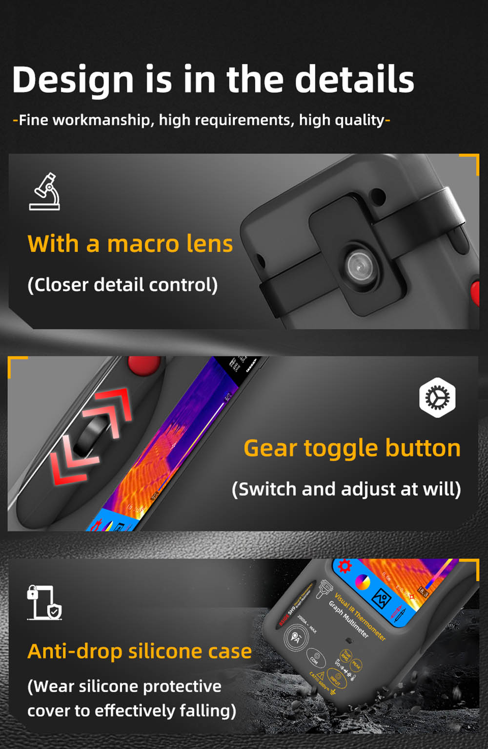 BSIDE SH7 Infrared Thermal Imager Multimeter, 240x240Pixel, 15 Color Modes, 3.98' TFT Touch Screen, USB Rechargeable Battery, Outdoor Indoor Use, with Macro Lens and Flexible Coil
