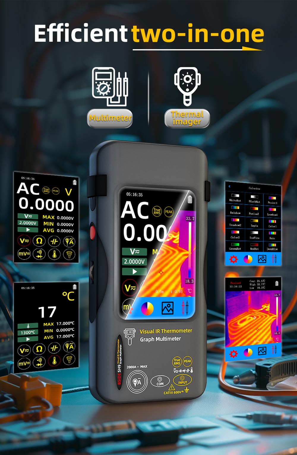 BSIDE SH7 Infrared Thermal Imager Multimeter, 240x240Pixel, 15 Color Modes, 3.98' TFT Touch Screen, USB Rechargeable Battery, Outdoor Indoor Use, with Macro Lens