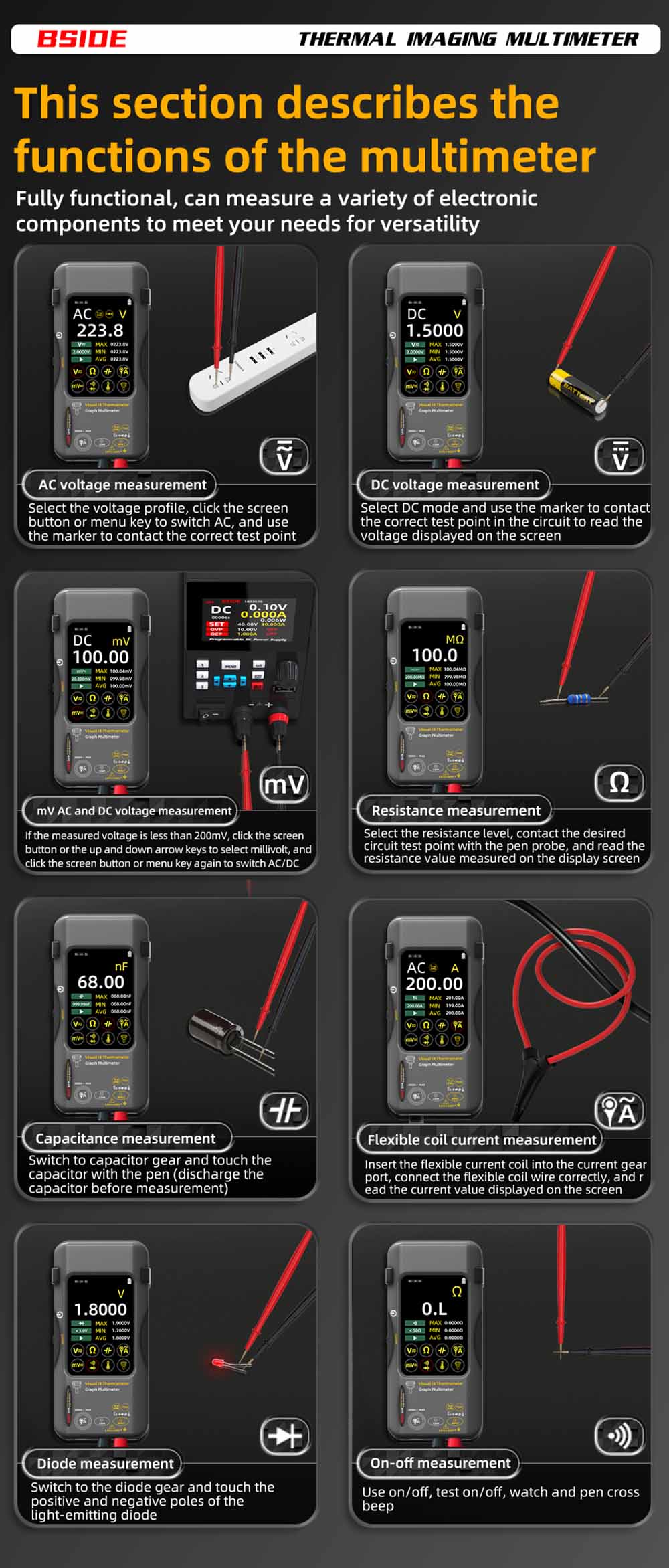 BSIDE SH7 Infrared Thermal Imager Multimeter, 240x240Pixel, 15 Color Modes, 3.98' TFT Touch Screen, USB Rechargeable Battery, Outdoor Indoor Use, with Macro Lens