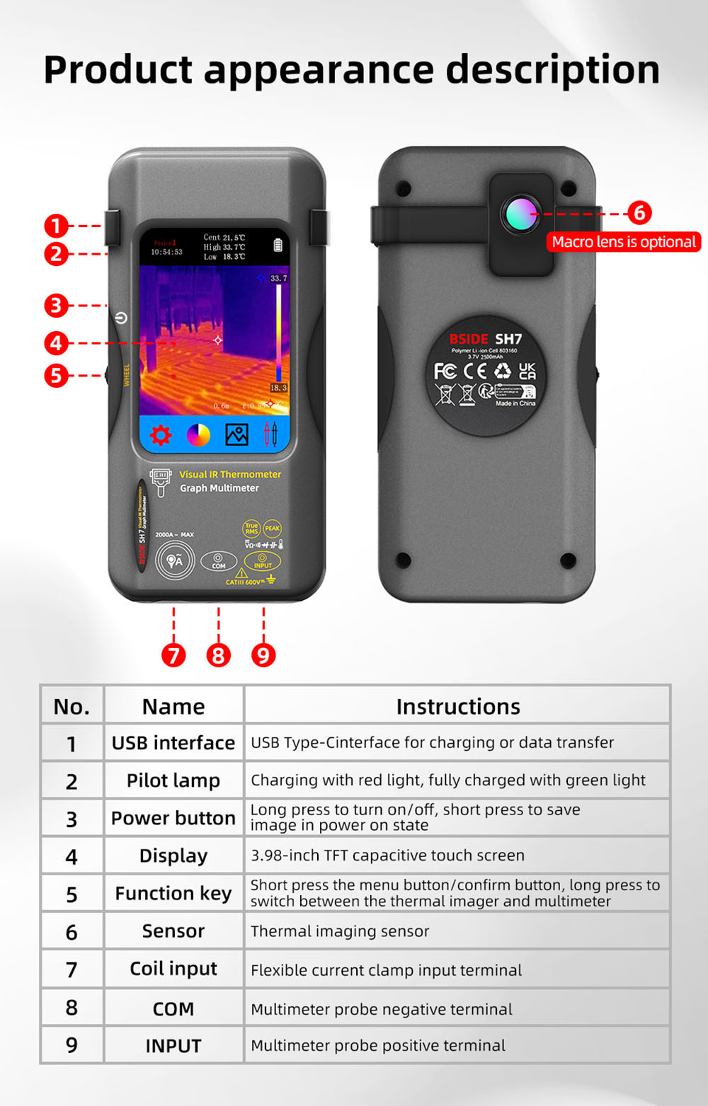 BSIDE SH7 Infrared Thermal Imager Multimeter, 240x240Pixel, 15 Color Modes, 3.98' TFT Touch Screen, USB Rechargeable Battery, Outdoor Indoor Use, with Macro Lens