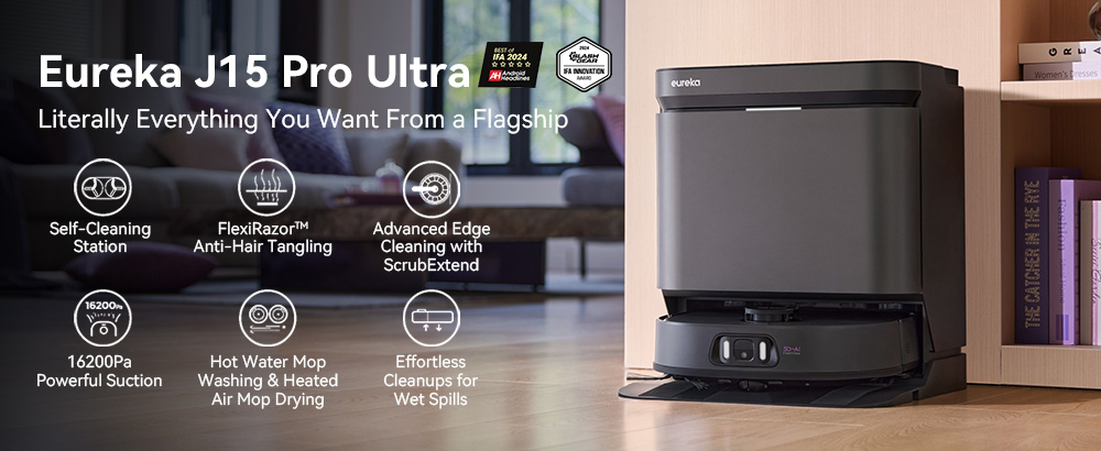Eureka J15 Pro Ultra Robot Aspirateur et Laveur avec Base d'Auto-vidange, Aspiration 16.200Pa, Lavage à Eau Chaude & Séchage à l'Air, Anti-Enchevêtrement, Évitement d'Obstacles par IA, Noir