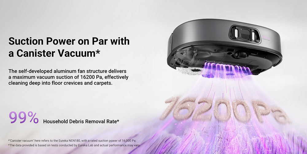 Eureka J15 Pro Ultra Robot Aspirateur et Laveur avec Base d'Auto-vidange, Aspiration 16.200Pa, Lavage à Eau Chaude & Séchage à l'Air, Anti-Enchevêtrement, Évitement d'Obstacles par IA, Noir