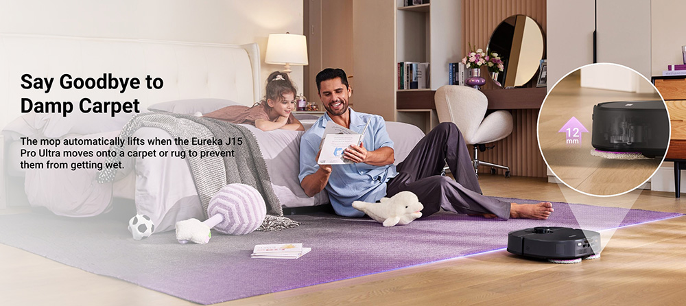 Eureka J15 Pro Ultra Robot Aspirateur et Laveur avec Base d'Auto-vidange, Aspiration 16.200Pa, Lavage à Eau Chaude & Séchage à l'Air, Anti-Enchevêtrement, Évitement d'Obstacles par IA, Noir